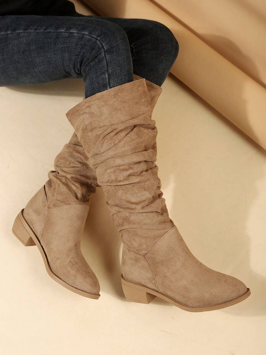 女性時尚折疊靴子,卡其色西部牛仔靴帶有皺紋的設計 - 卡其色 - 查看 1