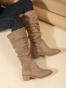 女性時尚折疊靴子,卡其色西部牛仔靴帶有皺紋的設計 - 卡其色 - 查看 4