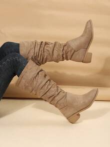 女性時尚折疊靴子,卡其色西部牛仔靴帶有皺紋的設計 - 卡其色 - 查看 7