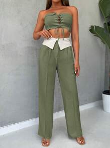 EURMUSE Lace Up Front Tube Top & Folded Waist Pants - Army Green - View 1