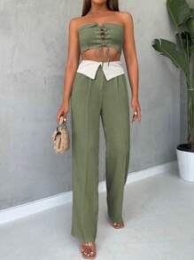 EURMUSE Lace Up Front Tube Top & Folded Waist Pants - Army Green - View 4