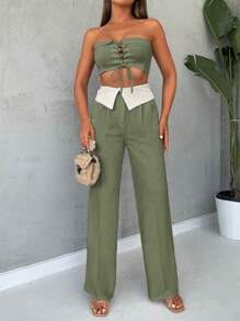 EURMUSE Lace Up Front Tube Top & Folded Waist Pants - Army Green - View 5