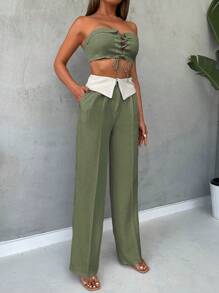 EURMUSE Lace Up Front Tube Top & Folded Waist Pants - Army Green - View 6