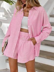 À Rayures Épaule tombante Chemise & Short - Rose bonbon - Voir 1