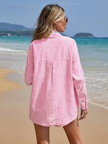 À Rayures Épaule tombante Chemise & Short - Rose bonbon - Voir 2