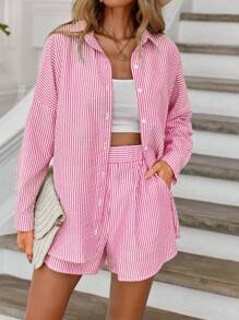 À Rayures Épaule tombante Chemise & Short - Rose bonbon - Voir 3