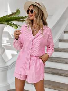 À Rayures Épaule tombante Chemise & Short - Rose bonbon - Voir 5