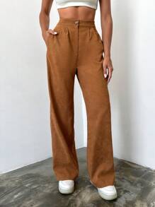 EURMUSE High Waist Slant Pocket Wide Leg Pants - Brown - View 1