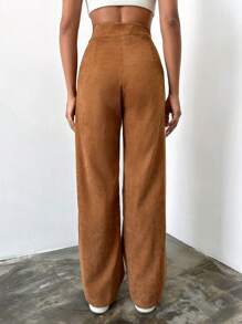EURMUSE High Waist Slant Pocket Wide Leg Pants - Brown - View 2