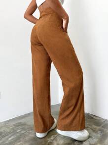 EURMUSE High Waist Slant Pocket Wide Leg Pants - Brown - View 4