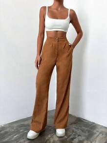 EURMUSE High Waist Slant Pocket Wide Leg Pants - Brown - View 5