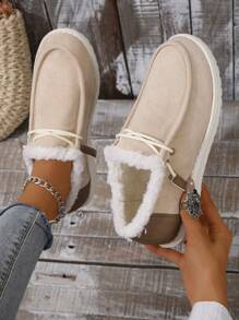 Của phụ nữ Mới Mùa Đông Dày Đế Ấm áp Khối màu Giày lười Giải trí Giày dép - Màu be - Xem 5