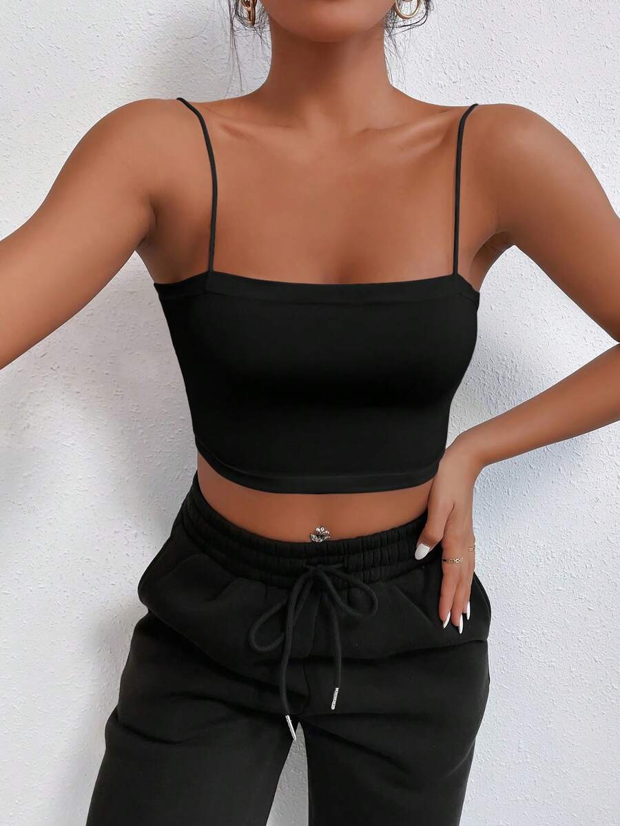 SHEIN Cottnline Solid Crop Cami Top ,Petite Women - Black - View 1