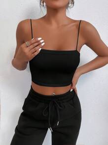 SHEIN Cottnline Solid Crop Cami Top ,Petite Women - Black - View 3