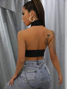 RueChic Crisscross Tied Backless Crop Halter Top - Black - View 2