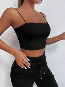 SHEIN Cottnline Solid Crop Cami Top ,Petite Women - Black - View 4