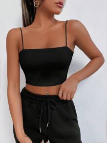 SHEIN Cottnline Solid Crop Cami Top ,Petite Women - Black - View 5