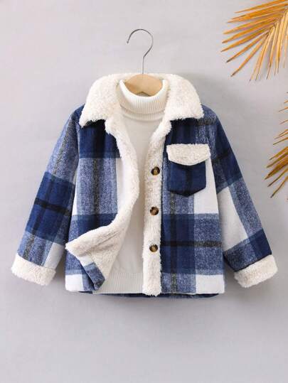 SHEIN Genkimix Kids Ung pojke 1 st. Rutigt Tryck Klaff Ficka Termiskt fodrad Överkappor