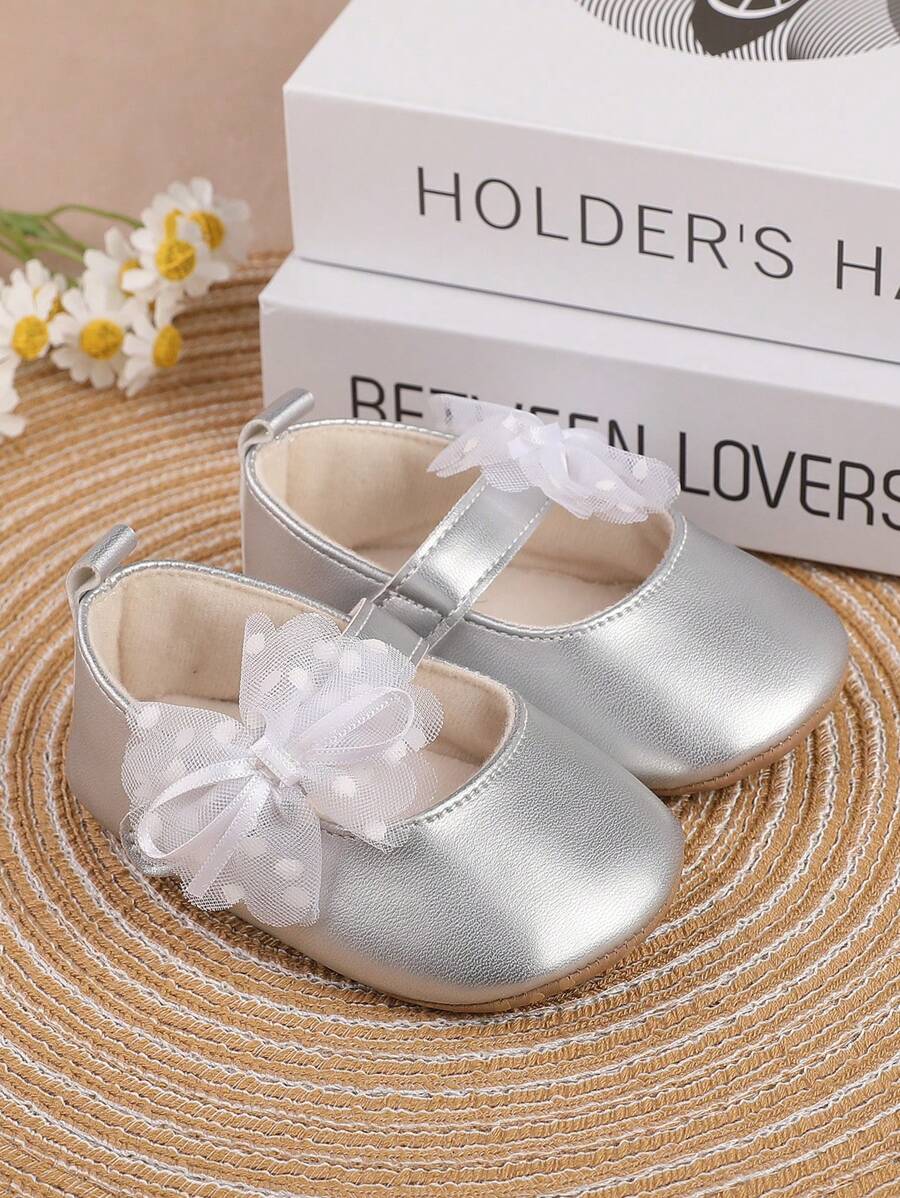 1 Pair Girls' Butterfly & Flower Decor Pu Hook And Loop Design Flat Casual Princess Shoes, Suitable For Spring And Autumn - Silver - View 1