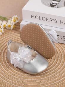 1 Pair Girls' Butterfly & Flower Decor Pu Hook And Loop Design Flat Casual Princess Shoes, Suitable For Spring And Autumn - Silver - View 2
