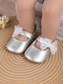 1 Pair Girls' Butterfly & Flower Decor Pu Hook And Loop Design Flat Casual Princess Shoes, Suitable For Spring And Autumn - Silver - View 3