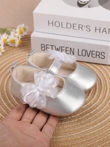 1 Pair Girls' Butterfly & Flower Decor Pu Hook And Loop Design Flat Casual Princess Shoes, Suitable For Spring And Autumn - Silver - View 4