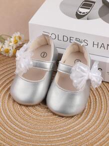 1 Pair Girls' Butterfly & Flower Decor Pu Hook And Loop Design Flat Casual Princess Shoes, Suitable For Spring And Autumn - Silver - View 5