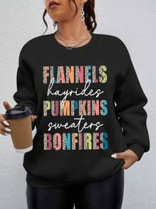 Calvaya 大碼標語圖案落肩袖運動衫 - 黑色 - 查看 1