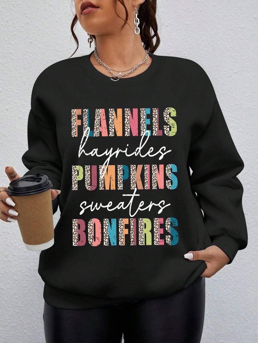 Calvaya 大碼標語圖案落肩袖運動衫 - 黑色 - 查看 1