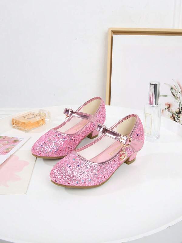 Children's Fashionable High-heel Princess Shoes, Girls' Glitter Mary Jane Flat Shoes
