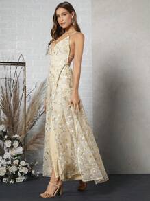 SHEIN Belle Váy hai dây hở lưng thêu hoa xẻ đùi lưới che đùi sang trọng, trang trọng dự tiệc tối, dự tiệc tốt nghiệp, dự tiệc tối - Màu be - Xem 4