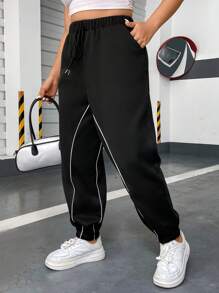Flirla Talla grande Pantalones deportivos ribete en contraste de cintura con cordón con bolsillo oblicuo - Negro - Ver 1