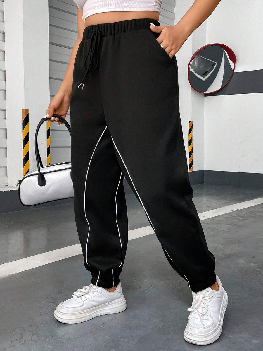 Flirla Talla grande Pantalones deportivos ribete en contraste de cintura con cordón con bolsillo oblicuo - Negro - Ver 1