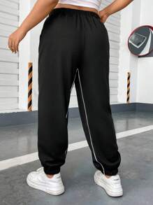 Flirla Talla grande Pantalones deportivos ribete en contraste de cintura con cordón con bolsillo oblicuo - Negro - Ver 2