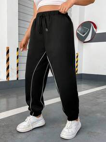 Flirla Talla grande Pantalones deportivos ribete en contraste de cintura con cordón con bolsillo oblicuo - Negro - Ver 3