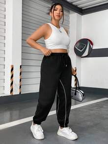 Flirla Talla grande Pantalones deportivos ribete en contraste de cintura con cordón con bolsillo oblicuo - Negro - Ver 4