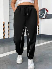 Flirla Talla grande Pantalones deportivos ribete en contraste de cintura con cordón con bolsillo oblicuo - Negro - Ver 5