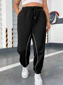 Flirla Talla grande Pantalones deportivos ribete en contraste de cintura con cordón con bolsillo oblicuo - Negro - Ver 6