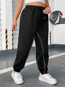Flirla Talla grande Pantalones deportivos ribete en contraste de cintura con cordón con bolsillo oblicuo - Negro - Ver 7