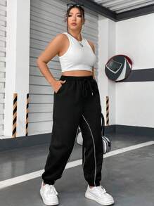 Flirla Talla grande Pantalones deportivos ribete en contraste de cintura con cordón con bolsillo oblicuo - Negro - Ver 8