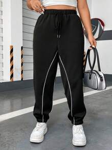 Flirla Talla grande Pantalones deportivos ribete en contraste de cintura con cordón con bolsillo oblicuo - Negro - Ver 9
