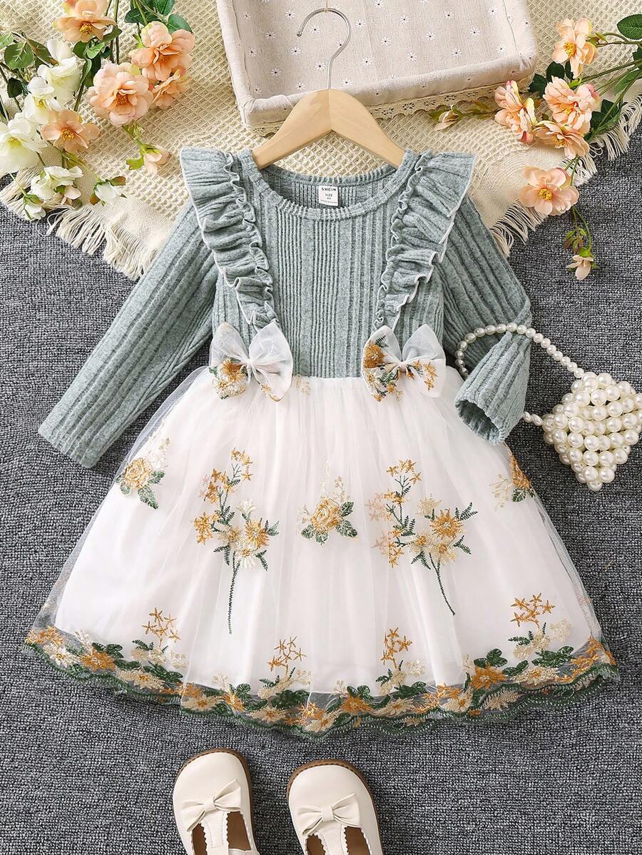 SHEIN 女小童花卉刺繡荷葉邊網紗邊洋裝 - 彩色 - 查看 1