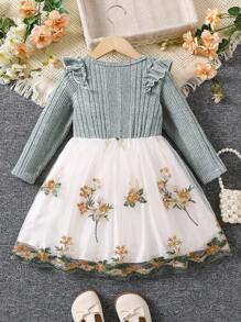 SHEIN 女小童花卉刺繡荷葉邊網紗邊洋裝 - 彩色 - 查看 2