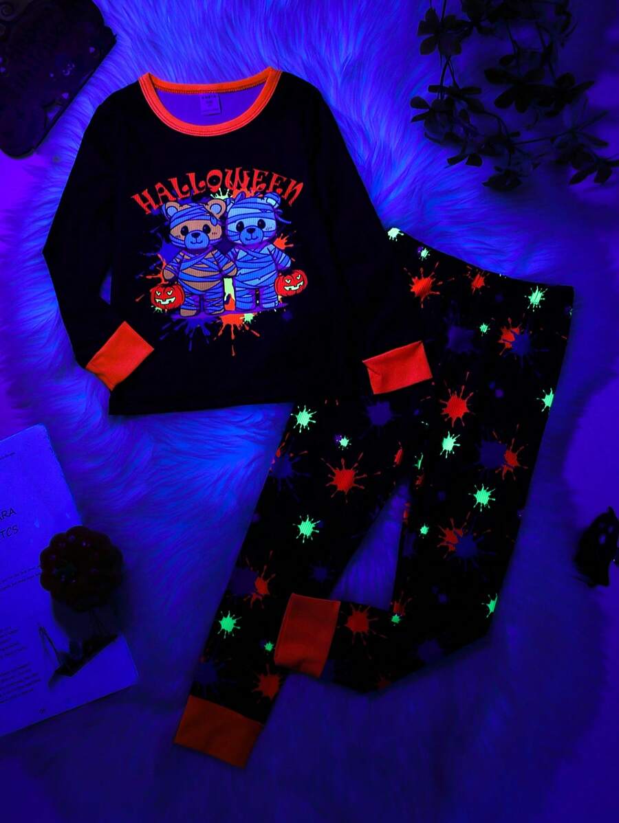 Young Boy Halloween Bear & Letter Graphic Luminous Snug Fit PJ Set - Black - View 1