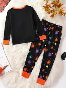 Young Boy Halloween Bear & Letter Graphic Luminous Snug Fit PJ Set - Black - View 2