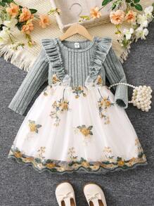 SHEIN 女小童花卉刺繡荷葉邊網紗邊洋裝 - 彩色 - 查看 4