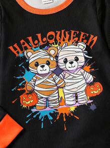 Young Boy Halloween Bear & Letter Graphic Luminous Snug Fit PJ Set - Black - View 3
