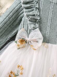 SHEIN 女小童花卉刺繡荷葉邊網紗邊洋裝 - 彩色 - 查看 5