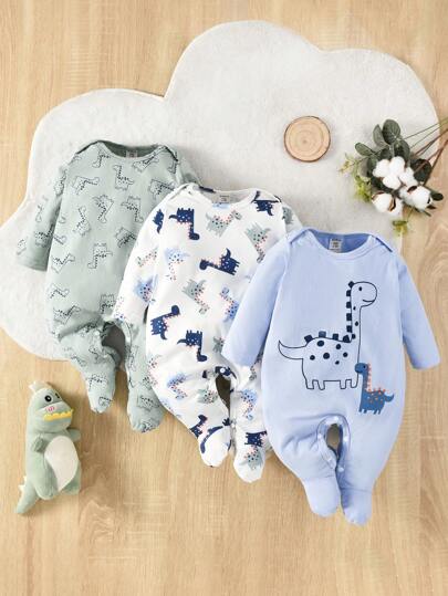 男嬰3入組卡通圖案包腳連體睡衣