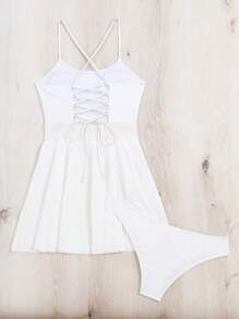 Contrast Mesh Criss Cross Tankini - White - View 4